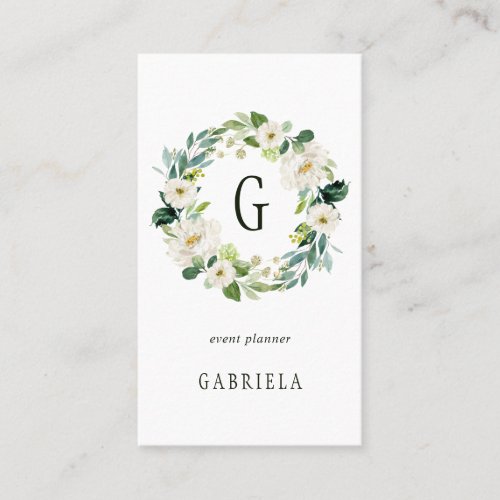 White Floral Wreath Monogram Business Card