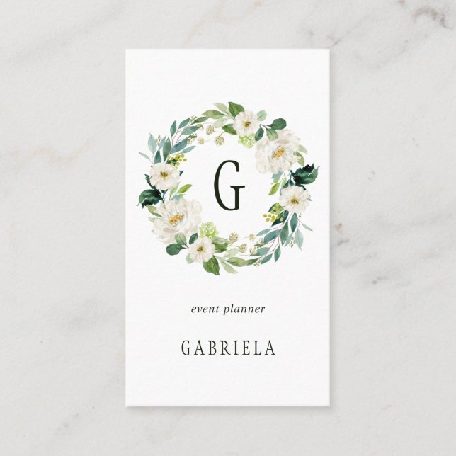 White Floral Wreath Monogram Business Card (Front)