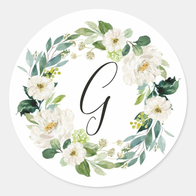 White Floral Wreath Monogram Classic Round Sticker (Front)