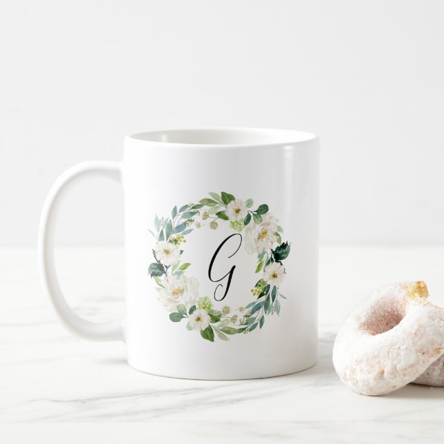 White Floral Wreath Monogram Coffee Mug (With Donut)