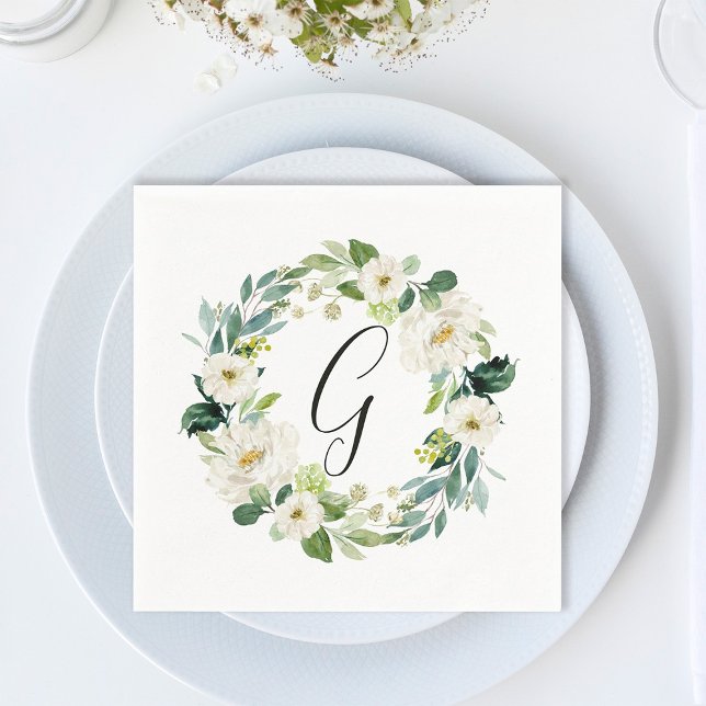White Floral Wreath Monogram Napkins (Creator Uploaded)