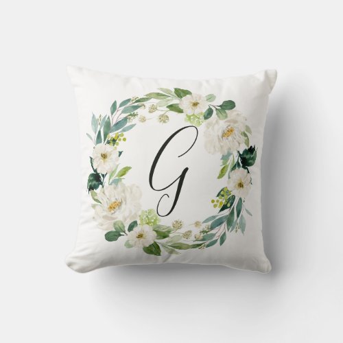 White Floral Wreath Monogram Throw Pillow