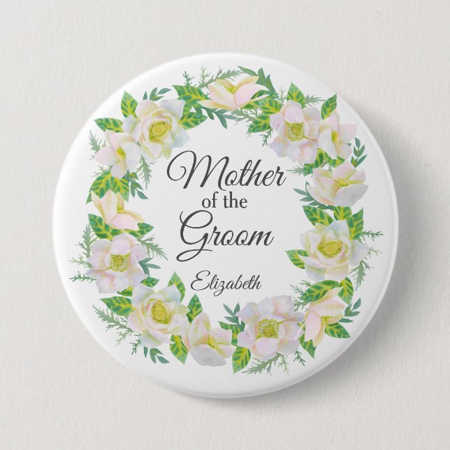 White Floral Wreath Mother of the Groom Button (Front)