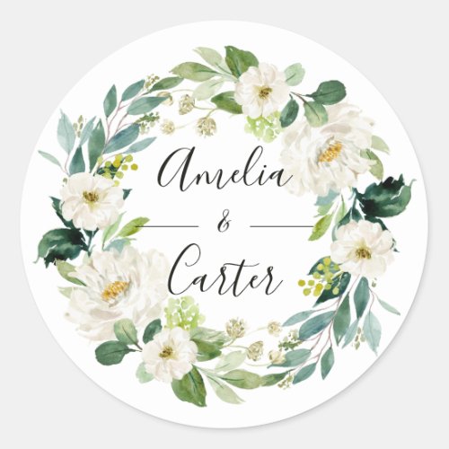 White Floral Wreath Wedding Classic Round Sticker