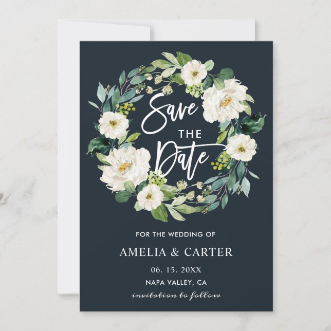 White Floral Wreath Wedding Save the Date Ca (Front)