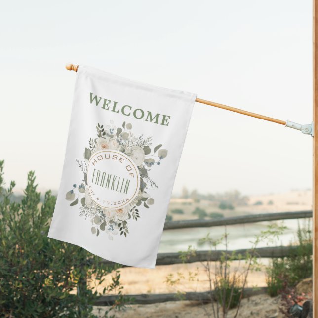 White Floral YOUR NAME, Established House Flag (Insitu (Back))