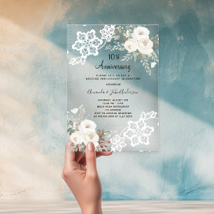 White florals 10th wedding anniversary acrylic invitations