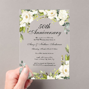 White Florals 50th Wedding Anniversary Acrylic Invitations