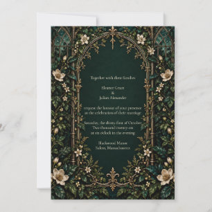 White Florals Emerald Gothic Wedding Invitation