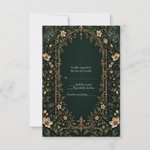 White Florals Emerald Wedding RSVP Card
