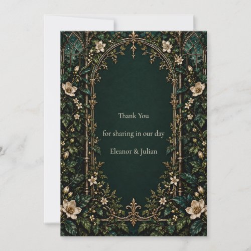 White Florals Emerald Wedding Thank You Card
