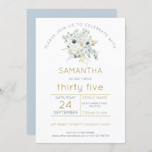 White Florals Eucalyptus 35th Birthday Party Invitation