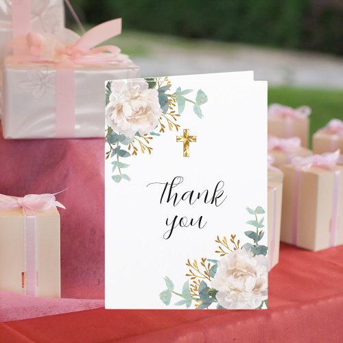 White florals eucalyptus cross photo christening thank you card