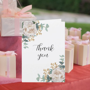 White florals eucalyptus greenery photo birthday letterpress thank you card