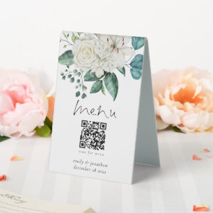 White Florals Eucalyptus Menu Qr Code Wedding Table Tent