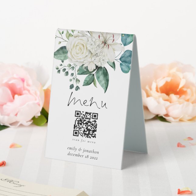 White Florals Eucalyptus Menu Qr Code Wedding Table Tent (In SItu (Wedding))