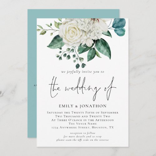 White Florals Eucalyptus QR Code Wedding Invitation