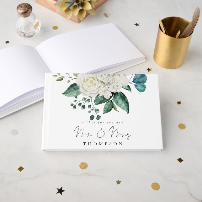White Florals Eucalyptus Wedding New Mr Mrs  Guest Book (Front Open)