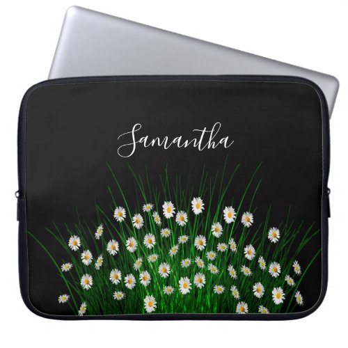 White florals flowers meadow green black laptop sleeve