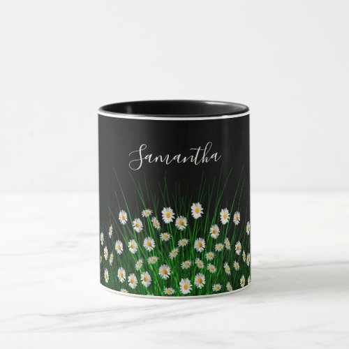 White florals flowers meadow green black name mug