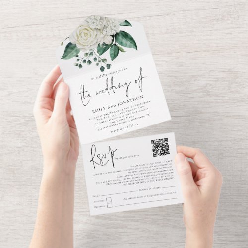 White Florals Foliage QR Code Script Wedding  All In One Invitation