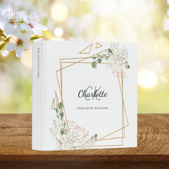 White florals gold geometric frame monogram 3 ring binder (Creator Uploaded)