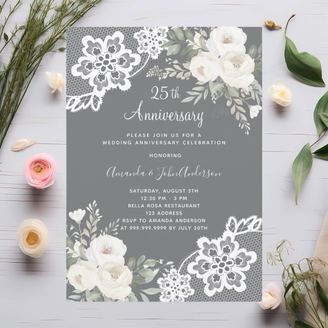 White florals gray 25th wedding anniversary invitation (Creator Uploaded)