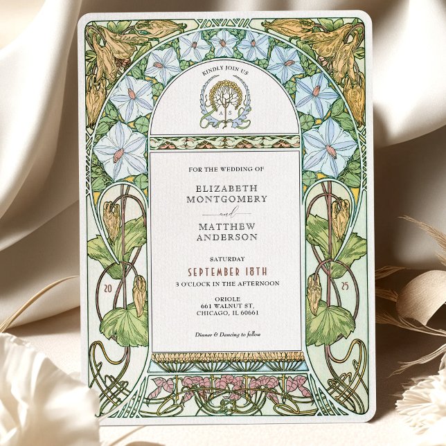 White Florals & Green Elegance Art Nouveau Wedding Invitation (Creator Uploaded)