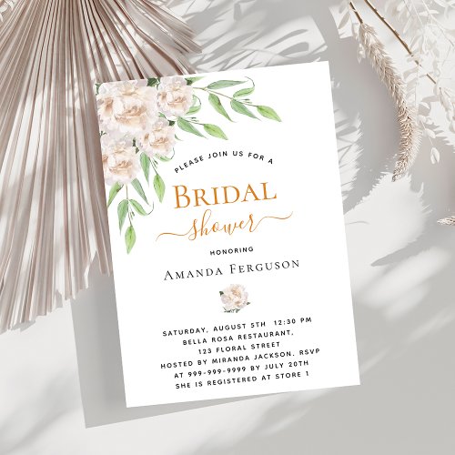 White florals greenery elegant Bridal Shower Invitation