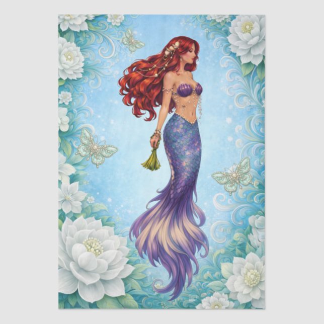 White Florals Mermaid & Butterflies Decoupage  Tissue Paper (Front)