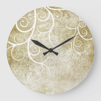 White florals on beige grunge background clock