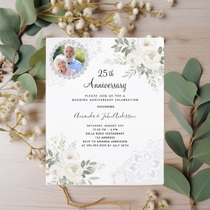 White florals photo 25th wedding invitation