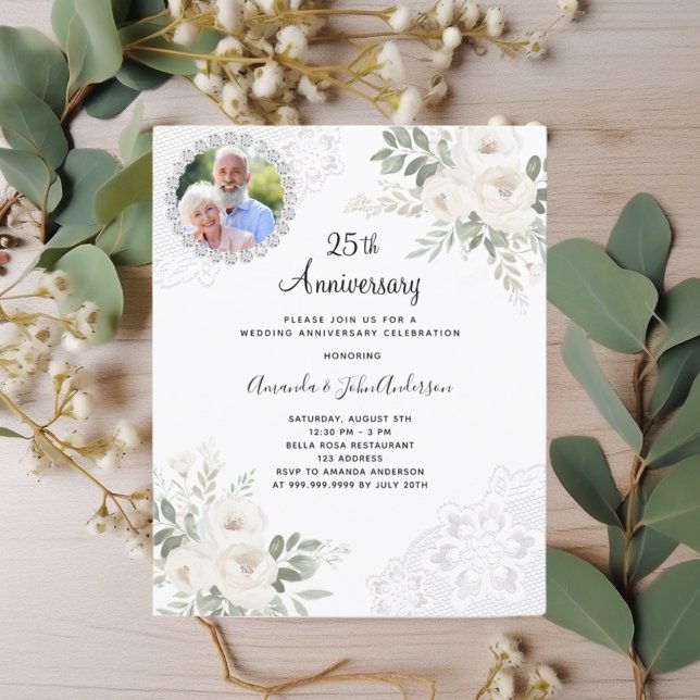 White florals photo 25th wedding invitation (Creator Uploaded)