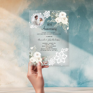 White florals photo clear 10th wedding anniversary acrylic invitations