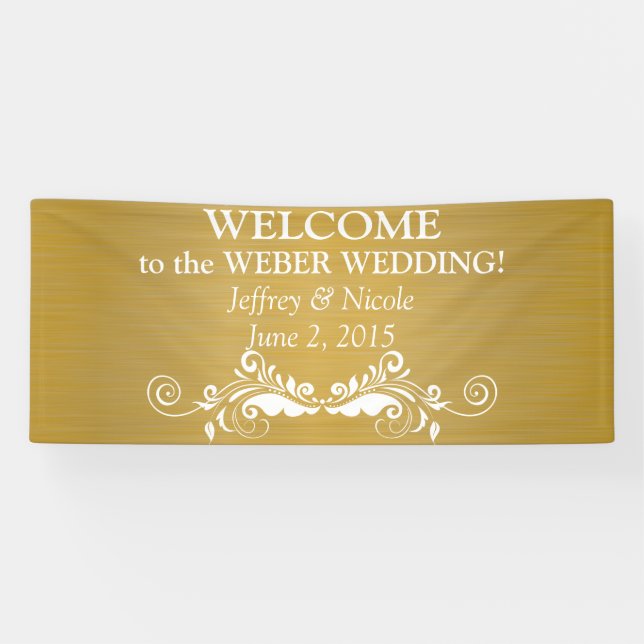 White Flourish on Gold Metallic Wedding Banner (Horizontal)