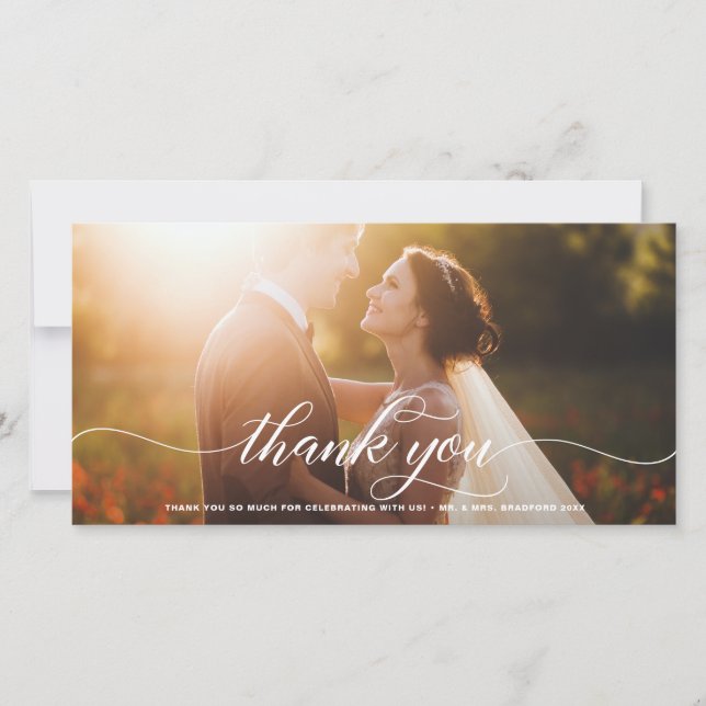 White Flourish Script Wedding Thank You (Front)