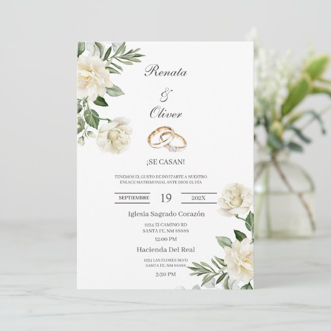 White flow wedding ring Spanish Wedding Invitation (Standing Front)
