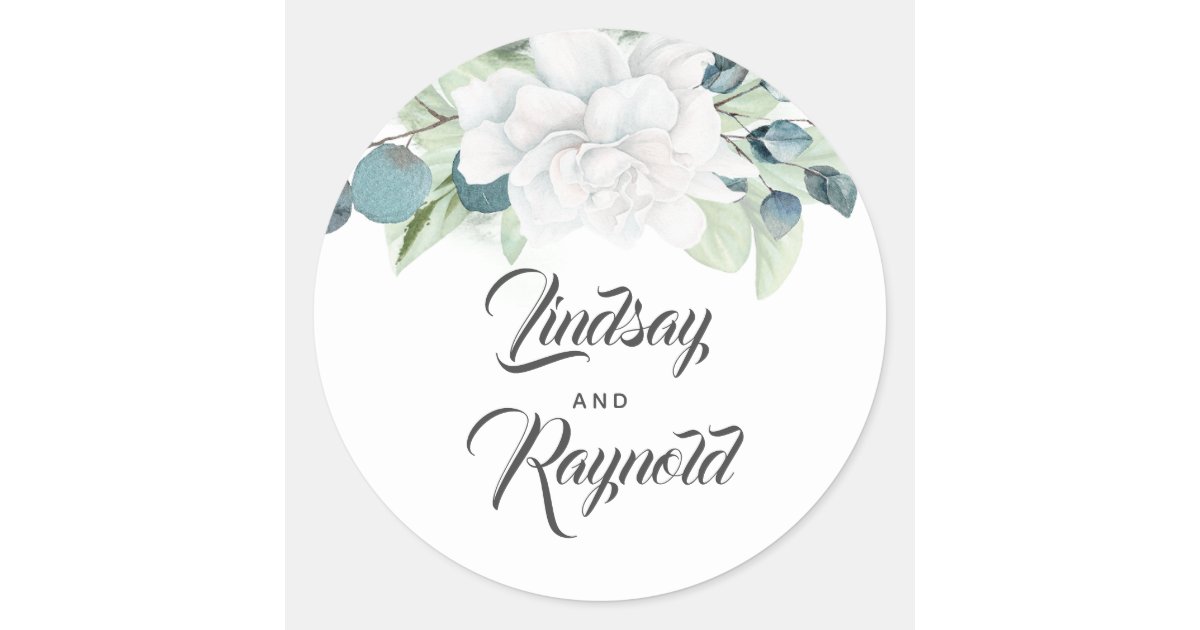White Flower and Eucalyptus Greenery Wedding Classic Round Sticker | Zazzle