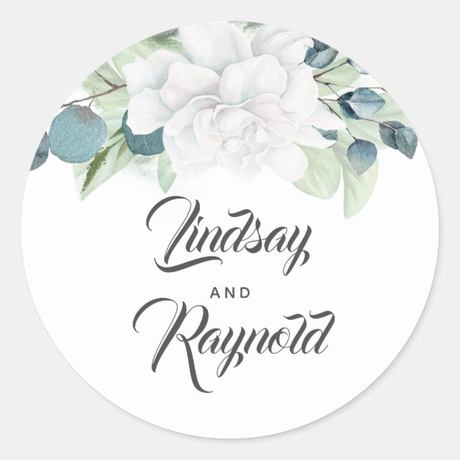 White Flower and Eucalyptus Greenery Wedding Classic Round Sticker (Front)