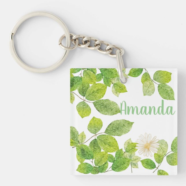White Flower and Green Leaves Garden Keychain (Front)