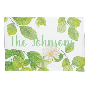 White Flower and Green Leaves Garden Pillow Case