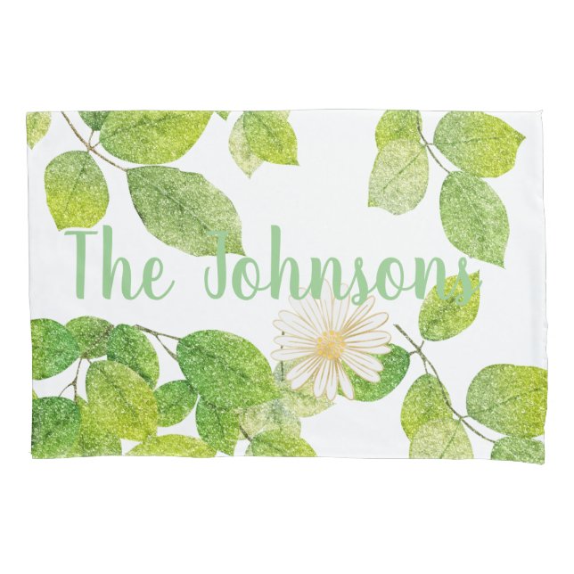 White Flower and Green Leaves Garden Pillow Case (Front)