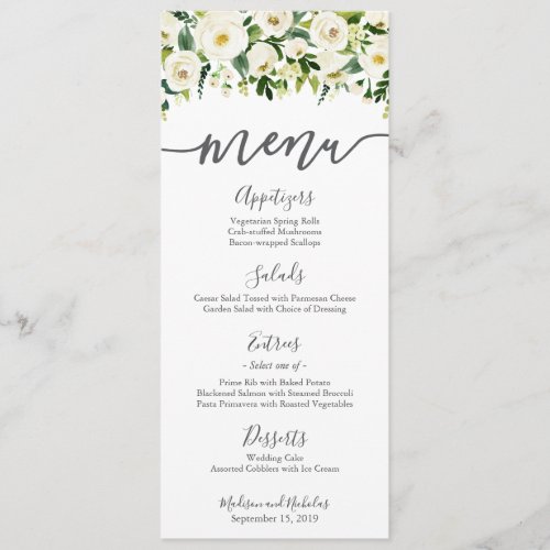White Flower and Green Wedding Menu Rack Cards