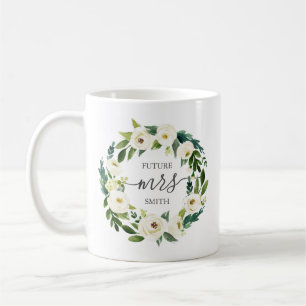 White Flower and Green Wedding Party Mug - Mrs