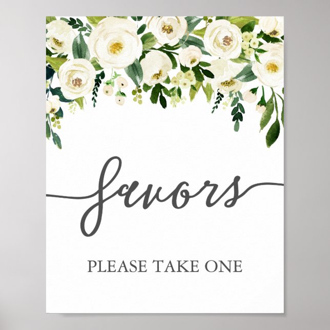 White Flower and Greenery Wedding Favors Sign (Front)