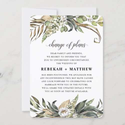 White Flower and Palm  Wedding Change of Plans In Invitation