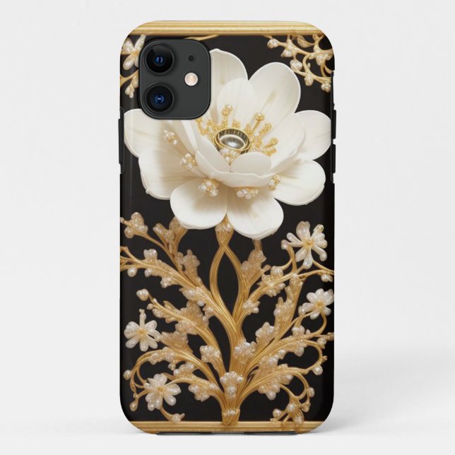 White Flower Artwork with Luxurious Gold Case-Mate iPhone Case (Back)