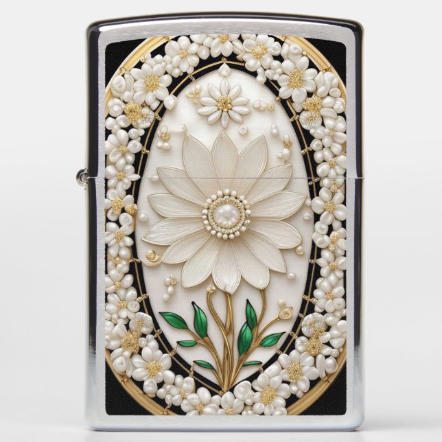 White Flower Artwork with Luxurious Gold Zippo Lighter (Front)