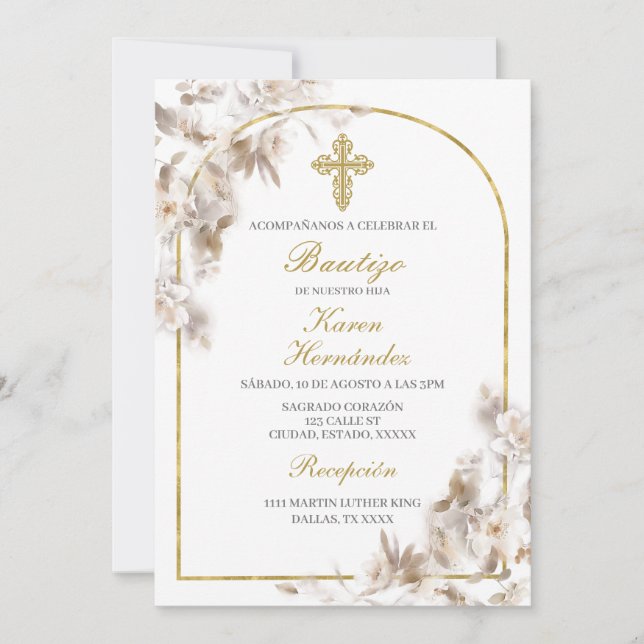 White flower Baptism Spanish Invitation (Front)