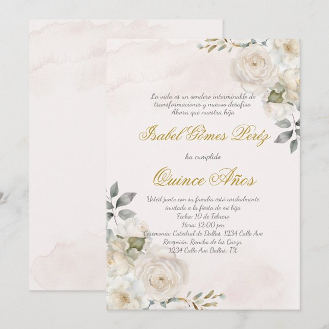 White flower beige Quince invitation in Spanish (Front/Back)